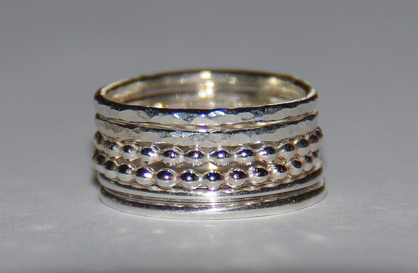 Beaded Dotted Smooth Hammered Sterling Silver Stack Rings