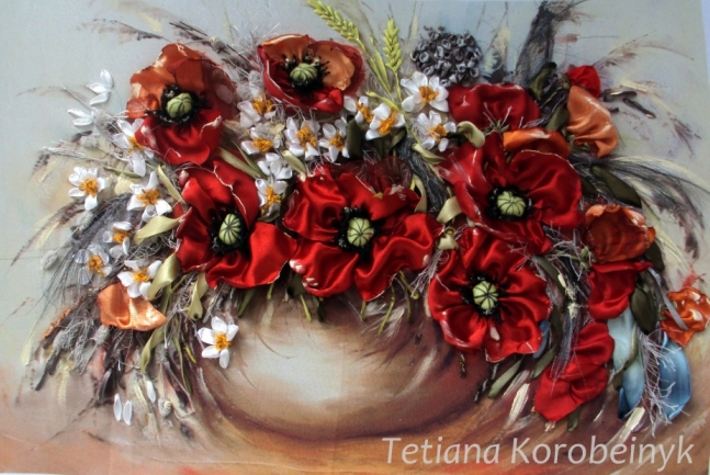 Silk embroidery picture of poppies