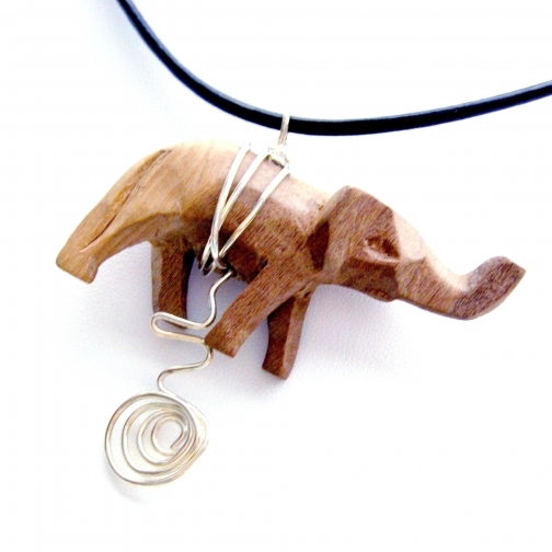 Handmade Necklace Choker with Vintage Carved Wooden Elephant