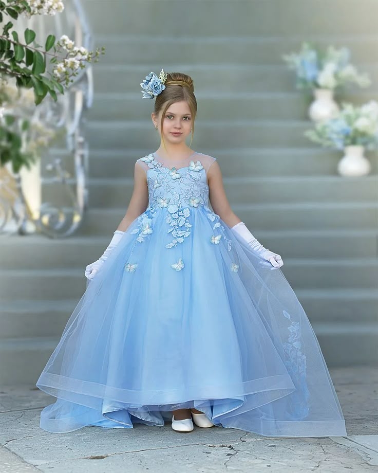 Girls Blue One Shoulder Fit & Flare Party Wear Dress With 3D Flowers Appliques main image 0
