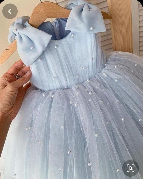 Light Blue Pearls Cute Flower Girl Dress Birthday Party Dress