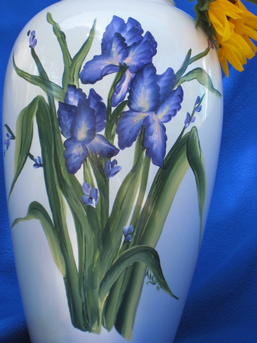 White Ceramic Vase with Purple Iris by Angela Horton