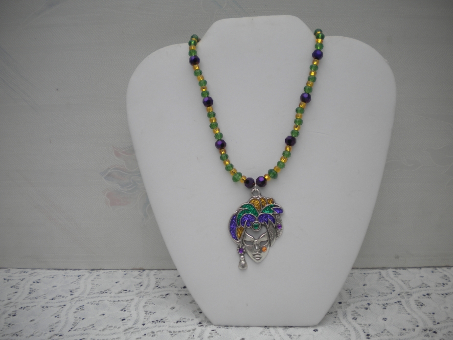 Mardi Gras Necklace With Large Face Mask Pendant