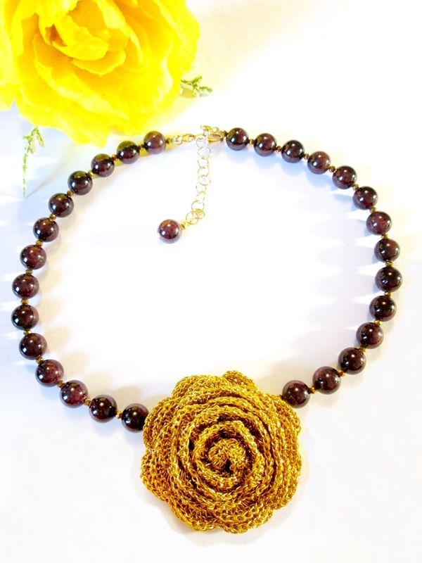 Gold Crocheted Flower Necklace, Gemstone Jewlery Dark Red