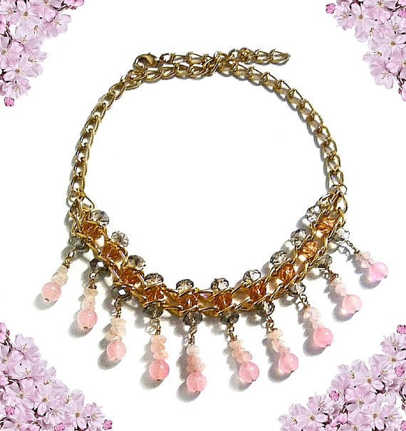 Rose Quartz Necklace, Gold Chain Bead Necklace, Gemstone Nugget