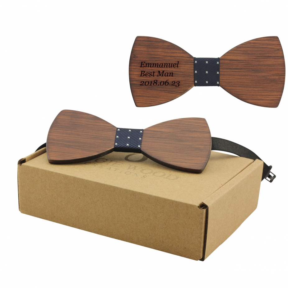 Engraved Large Round Red Sandalwood Bow Tie (B0001