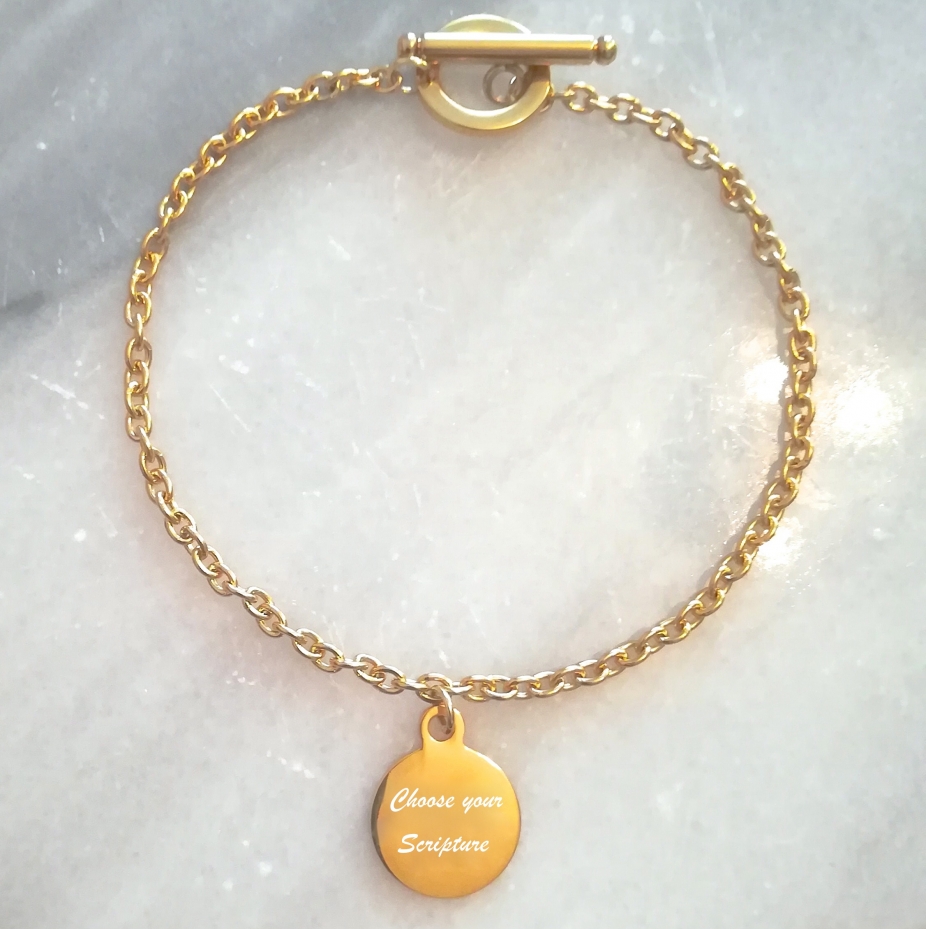 Gold Christian bible verse toggle charm bracelet from Canada