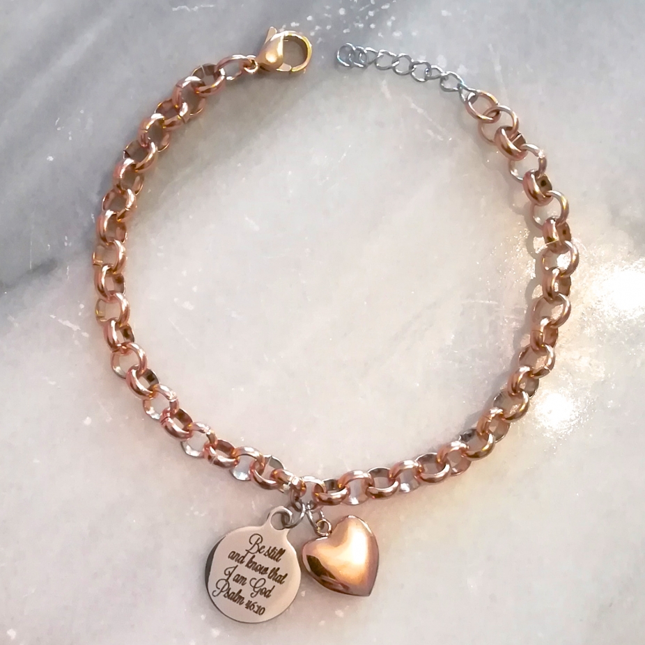 Rose Gold Mixed Metal Christian bible verse heart charm bracelet