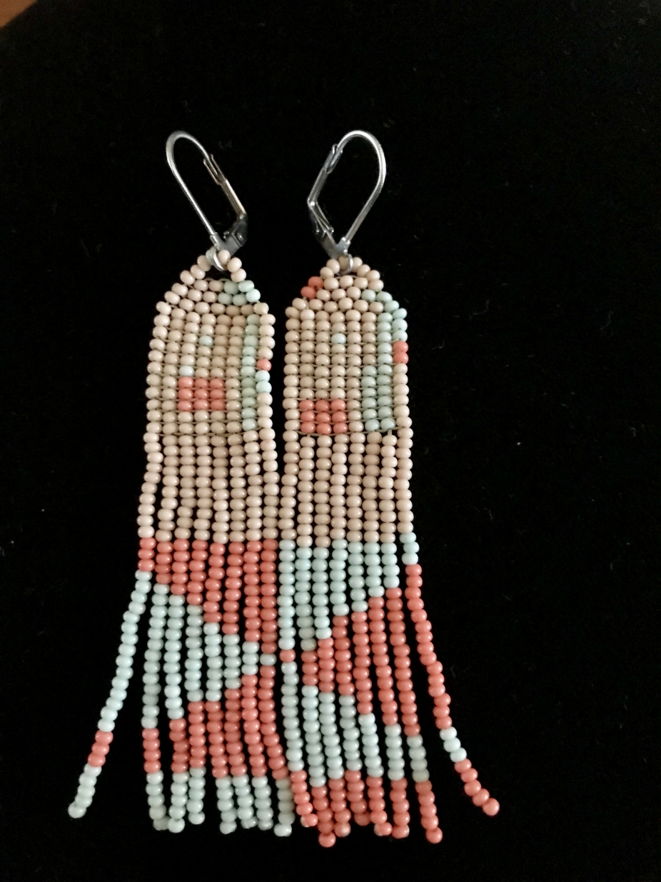 Seed Bead Earrings Extra Long Fringe Coral Blue Dusters by make me
