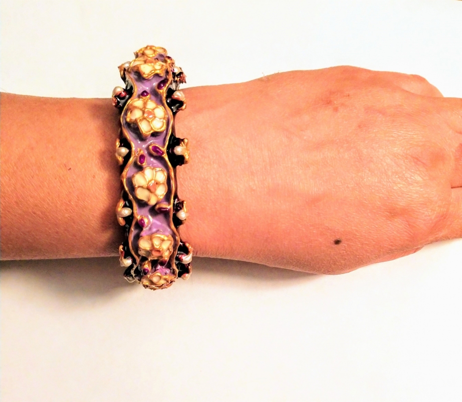 Purple flower wristlet Indian painted cuff bracelet / bangle