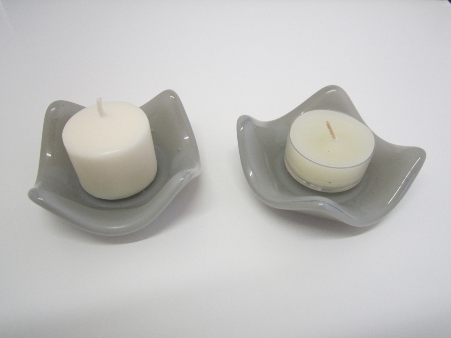 Candle holders, light grey, fused glass by Keri Baumgardner Glass