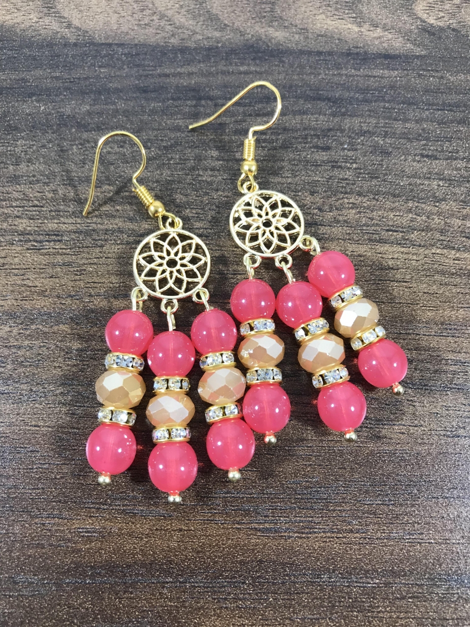 Czech bead earring, Strawberry Red bead earring, Champagne bead