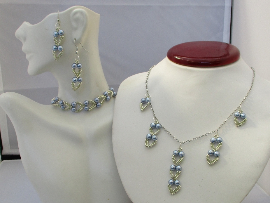 GREY & SILVER beaded necklace bracelet and earring set