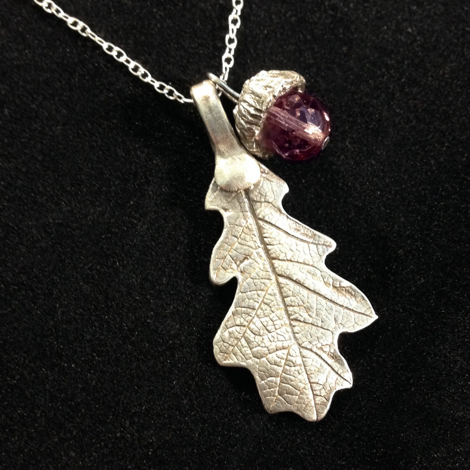 Silver Oak Leaf & Acorn Pendant, Silver Necklace, Unique Art Clay Jewelry...