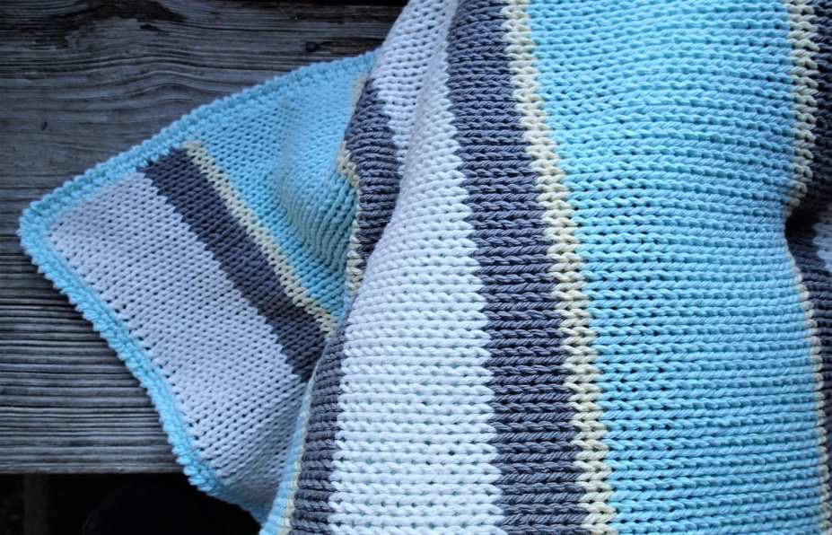 Adult size picnic blanket, blue gray cotton knit crochet blanket