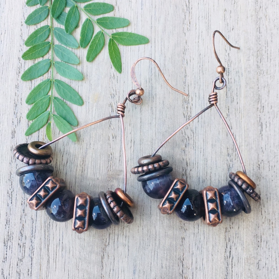 Amethyst Statement Earrings Chunky Copper Beaded Dangle Drop