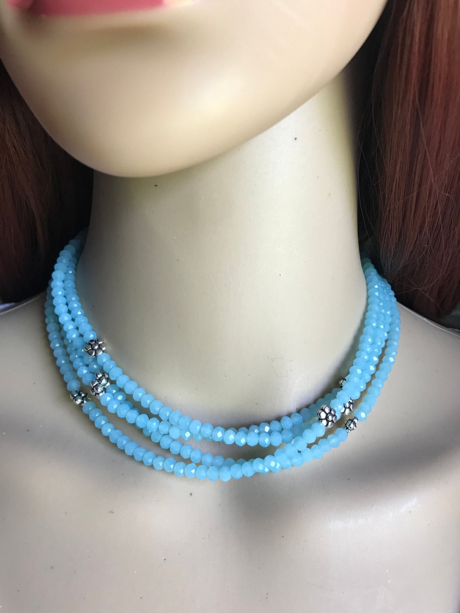 Blue flower necklace, delicate long blue floral necklace
