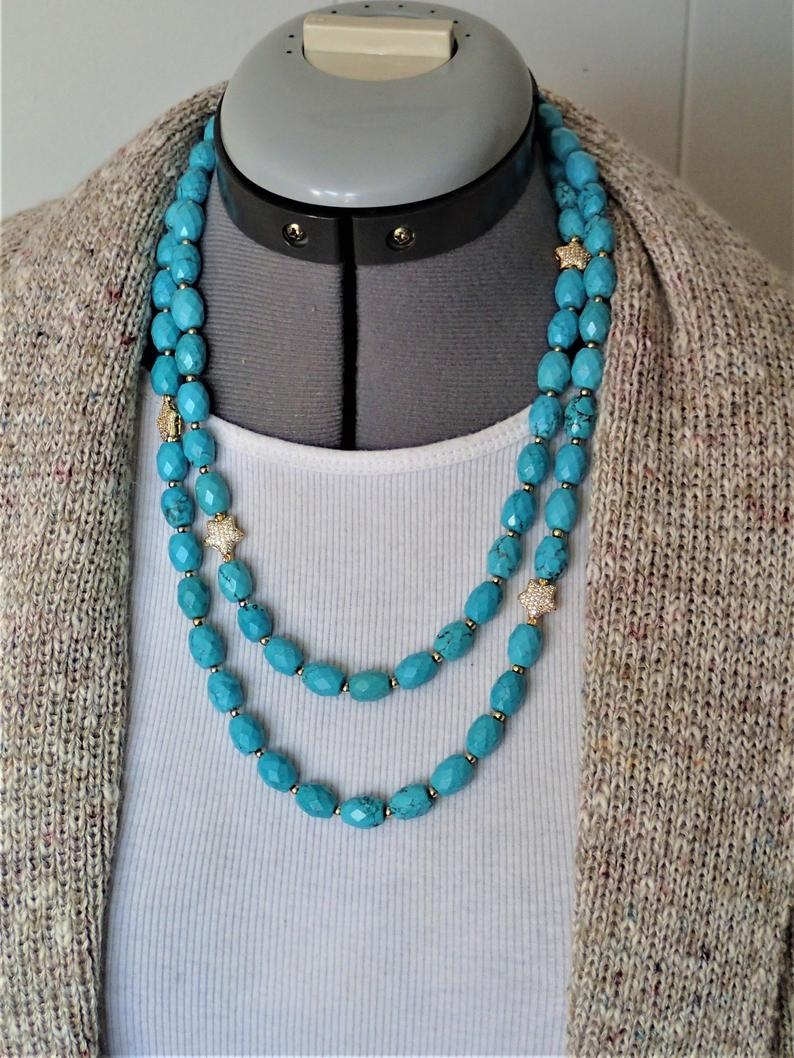 Chunky Blue Gemstone Boho Woman Necklace Gold Star Turquoise