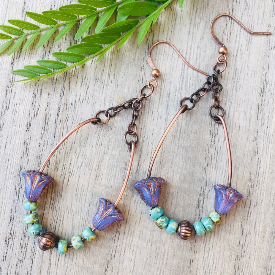 Czech glass earrings - boho copper wire hoop loop Czech glass beaded ...