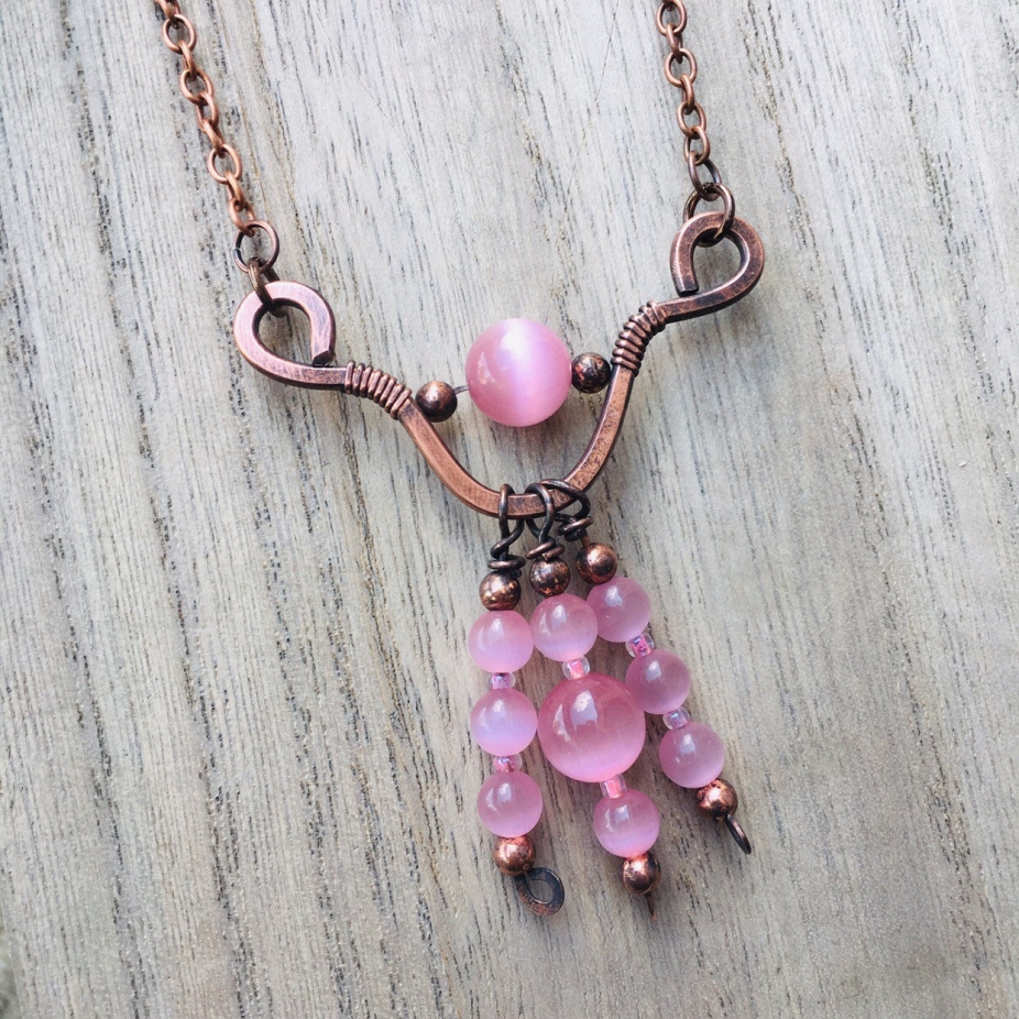 Copper wire wrapped cats eye beaded statement necklace