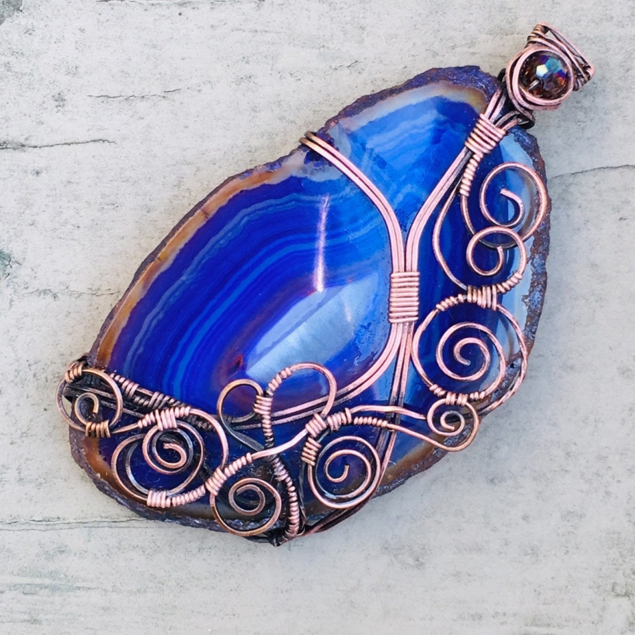 Wire wrapped pendant Druzy purple amethyst agate geode slice wire wrap...