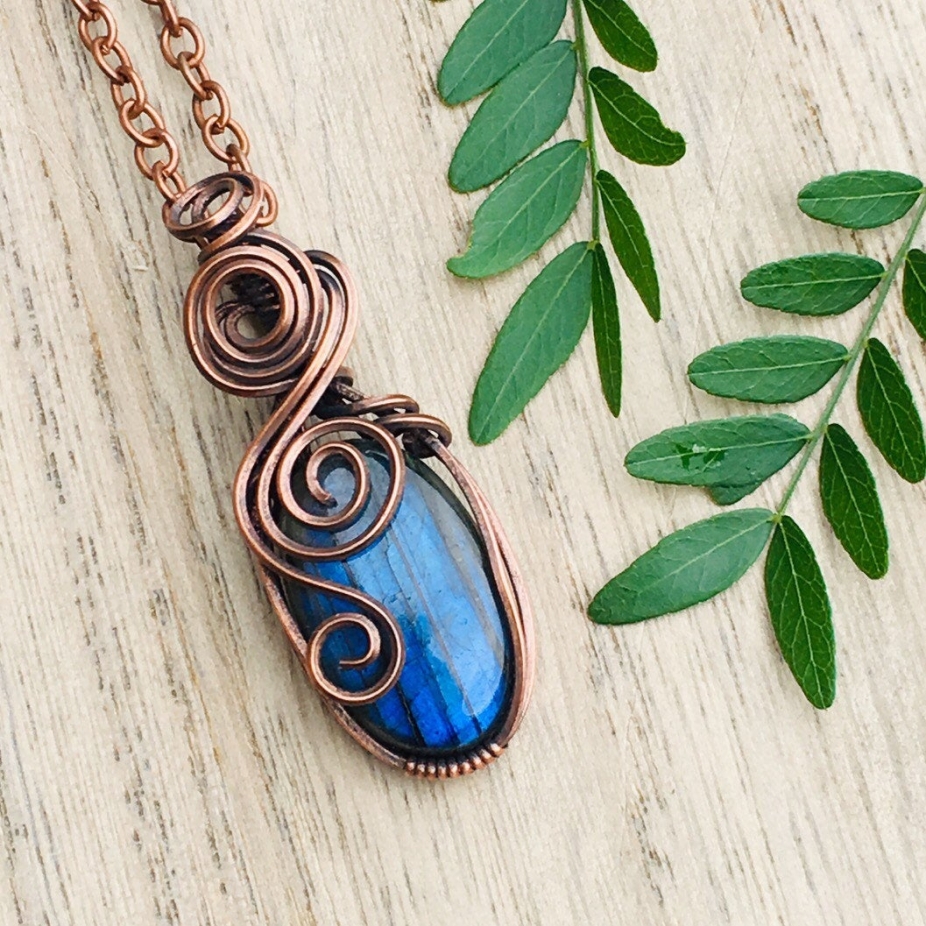 Wire wrapped pendant labradorite copper necklace amulet talisman gypsy