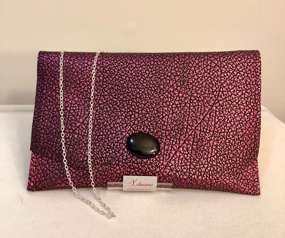 Metallic Fuchsia and Black Clutch Bag with Black Cabochon