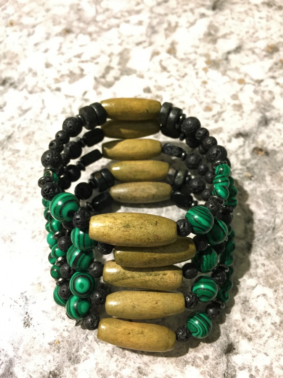 Malachite, lava rock and Hematite Memory Wire Bracelet