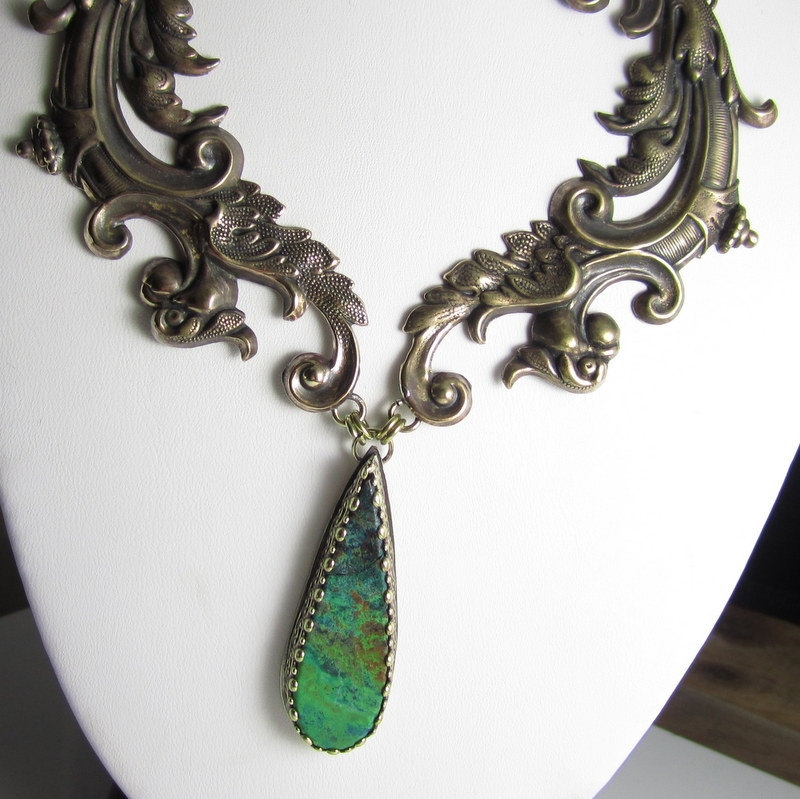 Green with Envy Necklace - Parrot Wing Jasper, Vintage Brass Stampings...