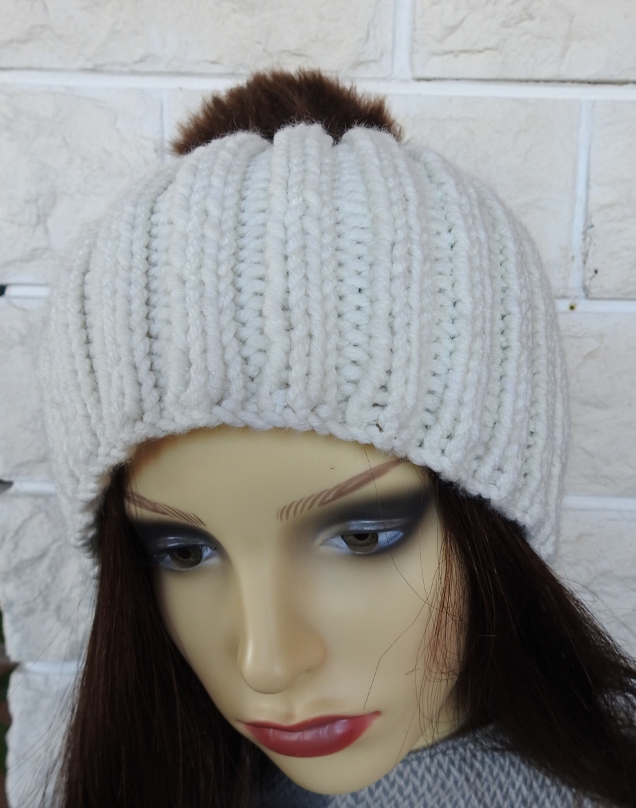 Women's Cream Hat With Brown Pom Pom Free Shipping