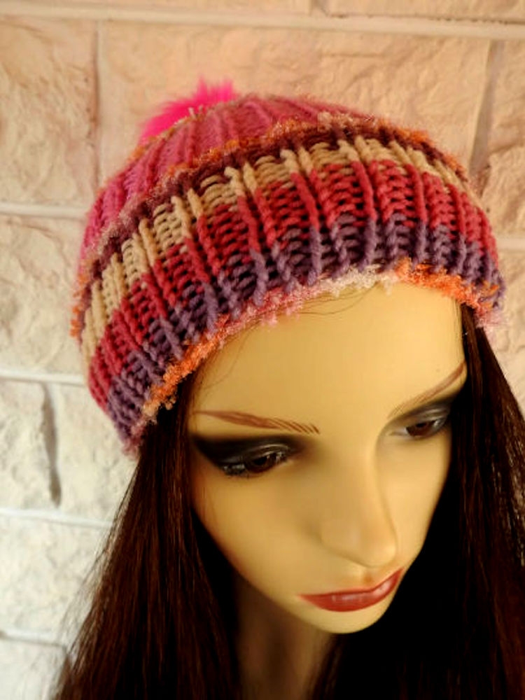 Women's Pink Multicoloured Hat With Pink Pom Pom - Free Shipping