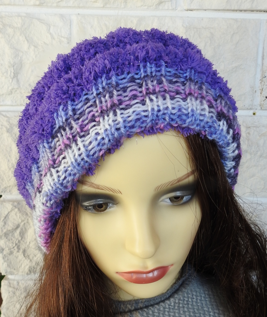 Women's Purple Two Style Hat With White Pom Pom - Free Shipping