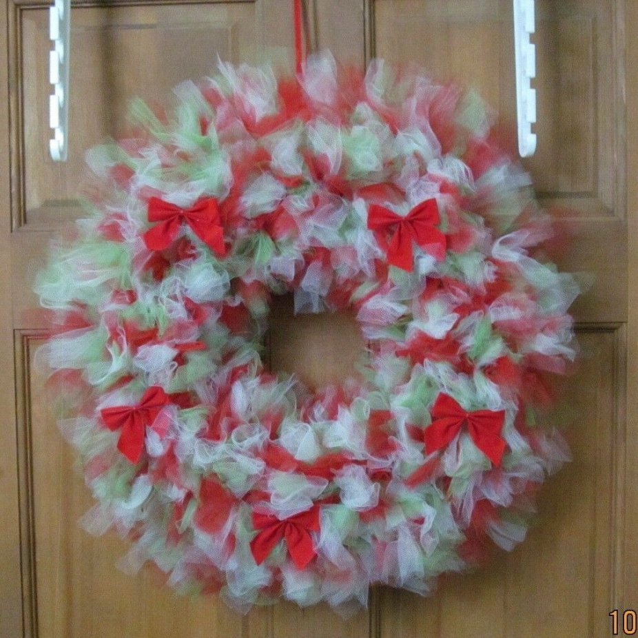 Red, Green and white Christmas Tulle Wreath by sjehandcrafts