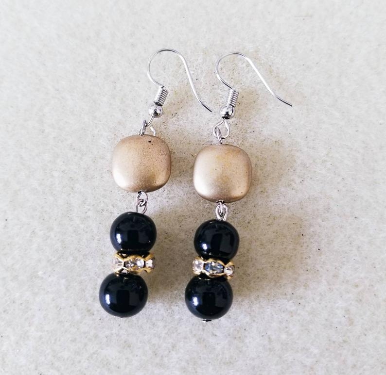 Matte Gold and Black Glass Dangle Earrings, Beaded Earrings