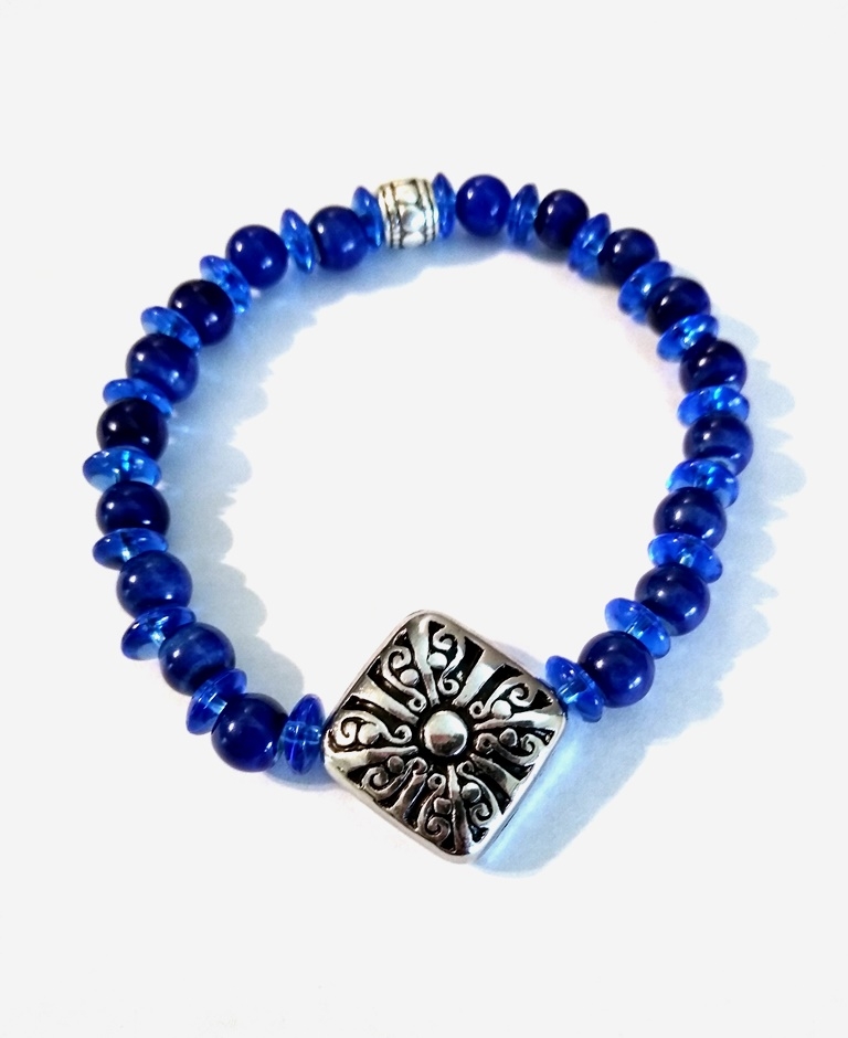 Blue Ceramic Bead Bracelet with Silver Plated Filigree Center