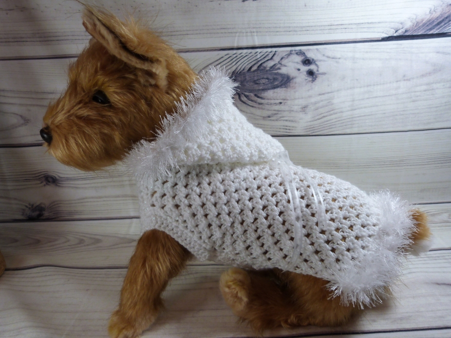 Hand crocheted, hooded, small/medium dog sweater, faux fur