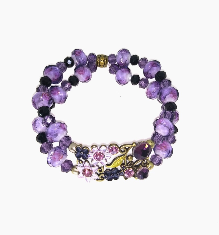 Purple Glass Beads and Striking Metal Flower and Crystal Center