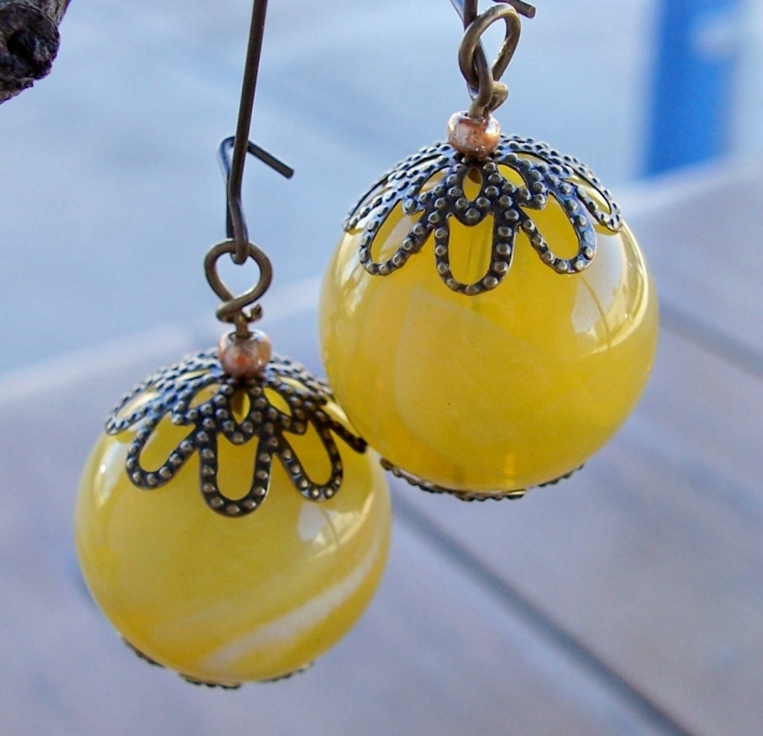 Mustard Yellow Marbled Lucite Vintage Style Earrings by foxaz