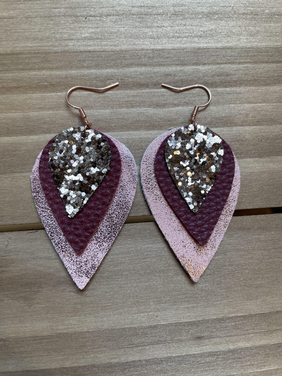 Rose Gold Burgundy Glitter Triple Layer Leather Earrings