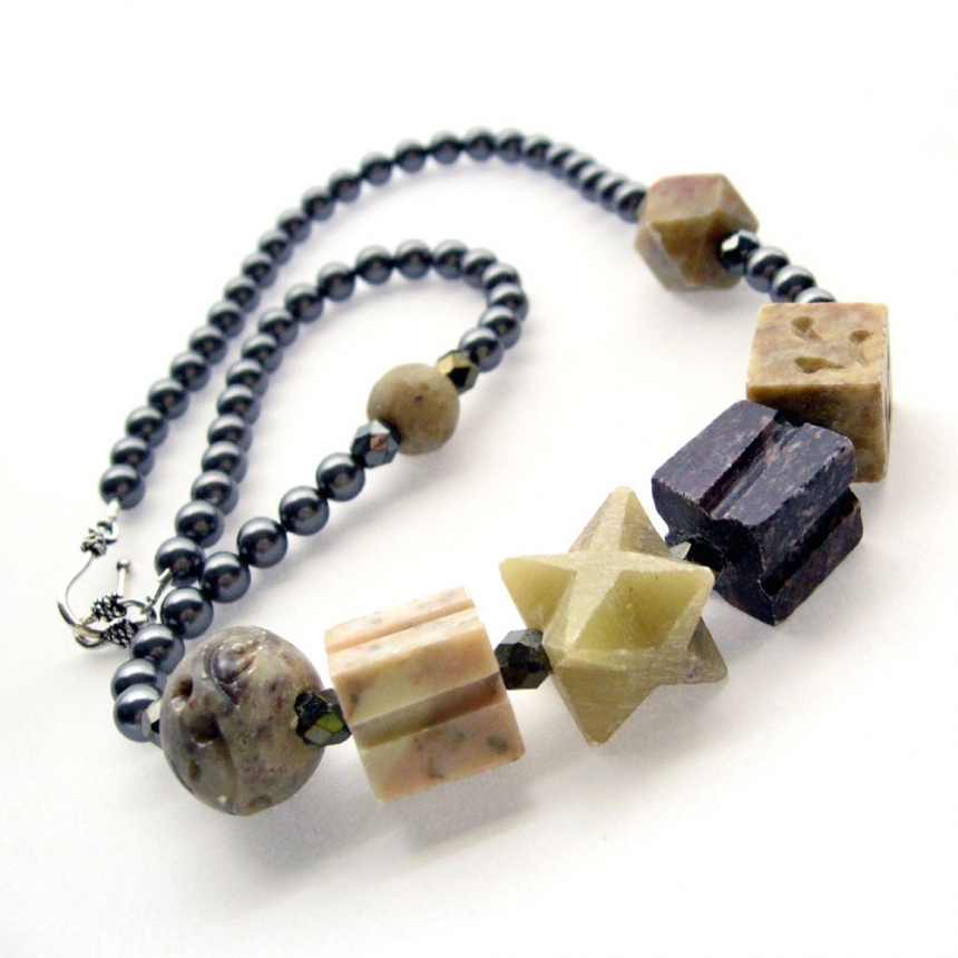Handmade Edgy Swarovski Crystal Pearls & Carved Soapstone Necklace