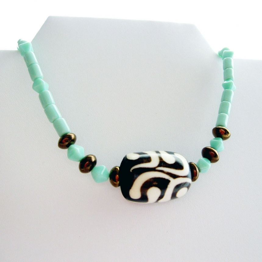 Handmade Necklace Turquoise Glass and Vintage Inlaid Focal Bead