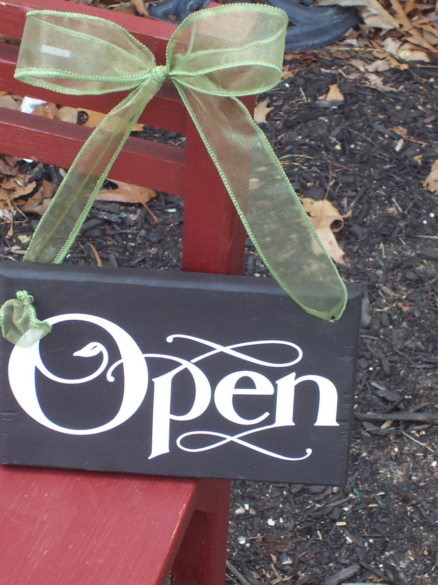 Whimsical Retail Open Closed Wood Sign with Yellow Ribbon