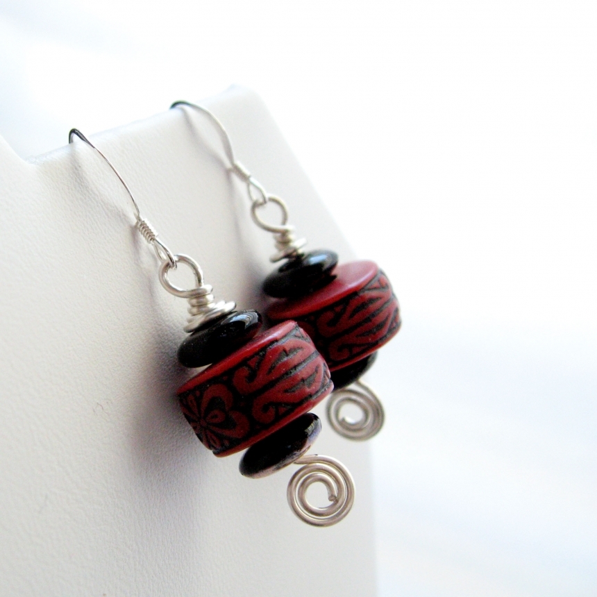 Asian Inspired Red Acrylic & Black Glass Bead Earrings with Sterling Ear...