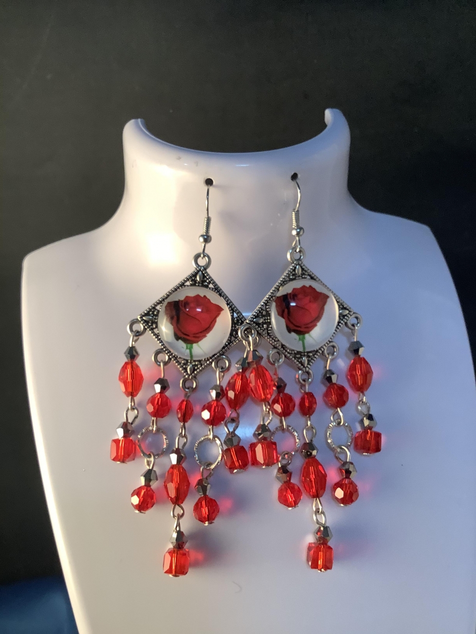 Pmc silver red rose crystal chandelier earrings 22