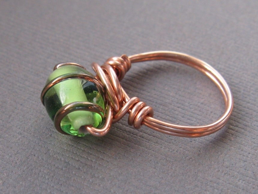 Green Glass and Copper Wire Ring by Northern Girl Jewelry, Rings