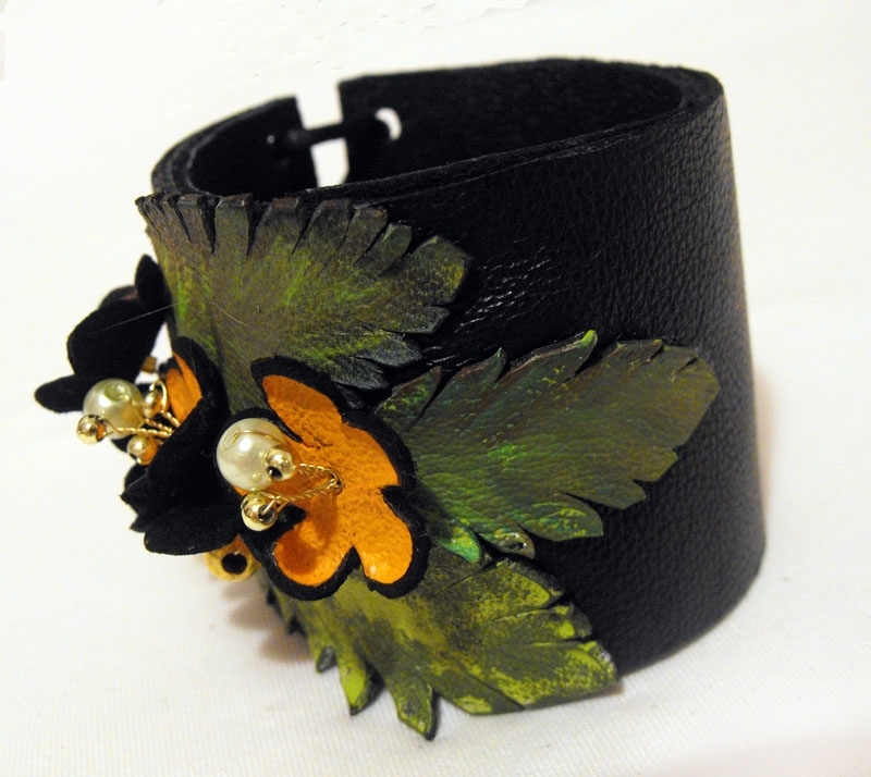 Leather cuff. Leather floral cuff bracelet. Orange and bronze co