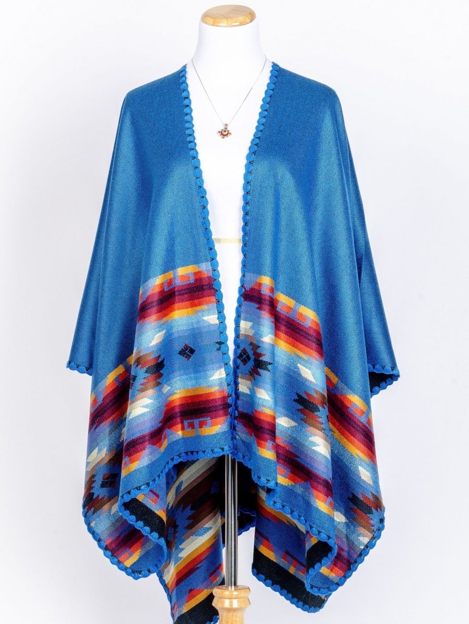 zelf Mentor Slaapkamer Reversible Hand-woven Pashmina Wool Poncho, Ethnic Style (Blue / Black