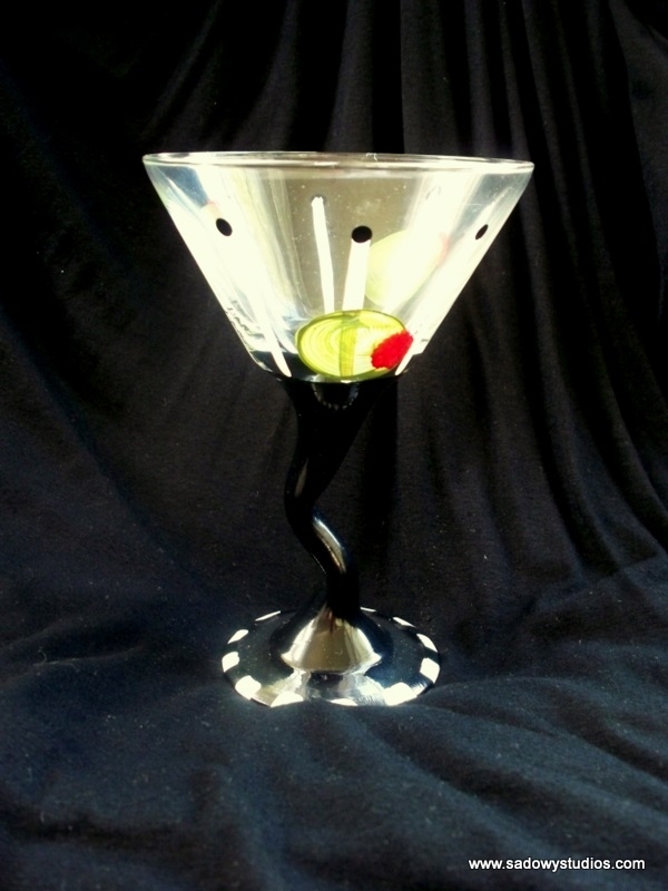 Hand Painted Martini Glass, Drunken Olives, Dishwasher Safe