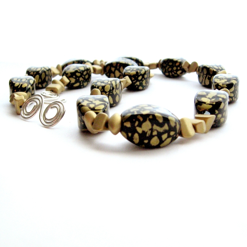 Handmade Necklace Black Gold Animal Print Vintage Beads 25 in