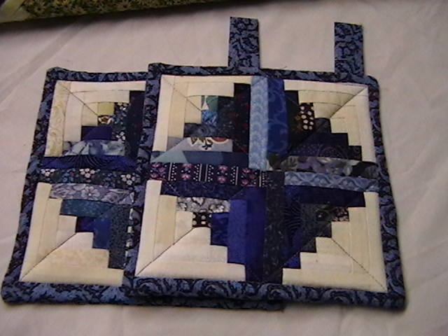 Quilted Blue Log Cabin potholders by Bits N Pieces, Quilts